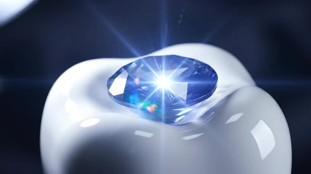 Extreme slow motion macro view of light glinting dramatically off a perfectly set sapphire gemstone within a stylized ceramic molar elegance, unique art, diamond