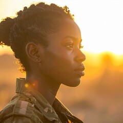 Side profile of a brave African American female soldier at golden hour