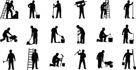 Construction worker silhouettes set with tools ladder shovel wheelbarrow hammer painting cleaning maintenance repair labor industry icons black vector illustration isolated white background collection © Arifa