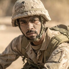 Tired and exhausted male soldier in military gear looking down after combat.