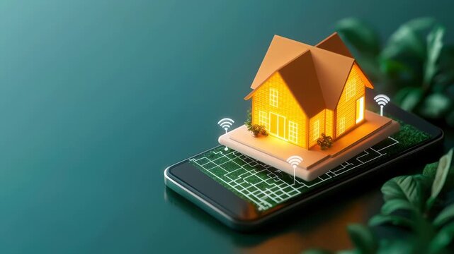 Smart home technology wireless automation security modern digital innovation energy control with glowing house model and smartphone, mobile phone