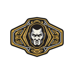 Digital illustration of a serious male face in a yellow and gray ornate frame. Perfect for logos, branding, and advertising materials.