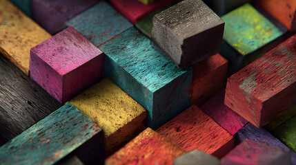 colorful wooden cubes arranged in varied hues against a dark background creating a bold modern abstract composition