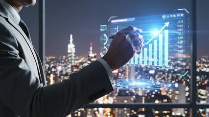 Businessman analyzing futuristic holographic financial data over cityscape at night. - Powered by Adobe