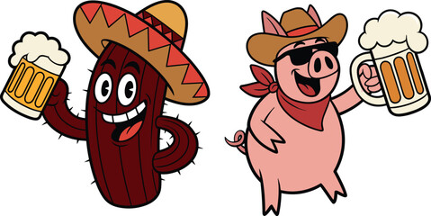 Cartoon cactus pig celebration, beer party vector, festive sombrero cowboy art, humorous animal illustration, cultural decor design, stock graphic set
