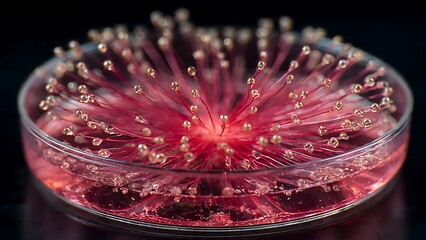 Stunning macro of vibrant pink and gold abstract composition in glass bowl, perfect for scientific, medical, and cosmetic projects