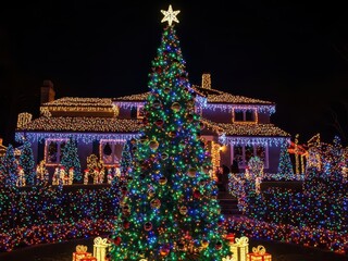 A large house decorated with colorful lights and a christmas tree in the front yard at night with presents underneath it outside