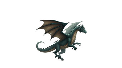 A detailed illustration of a dark teal dragon with large brown wings extended in flight against a black background
