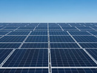 Large solar panel array on a clear blue sky background for renewable energy