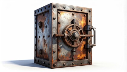 A weathered, rusty metal safe stands isolated against a bright white backdrop