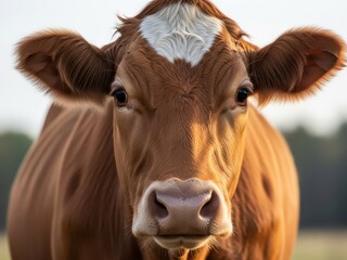 Brown cow with white marking on forehead looking directly at camera in a field