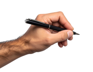 Overhead Male Hand Holding Pen Mid-Writing Motion, Dynamic Angle, Transparent PNG.