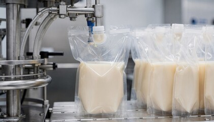 Medium shot of a sterile aseptic baginbox system filling 3liter multilayer foodservice bags with liquid concentrate showcasing precision and hygiene in packaging.