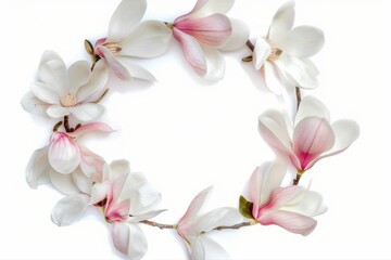 Beautiful Pink and White Magnolia Floral Wreath Isolated Background on transparent background