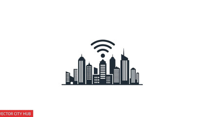 Cityscape illustration with wireless connectivity symbol above the urban landscape