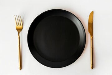 Chic black plate shimmering gold fork knife set Modern minimalist dining on transparent background