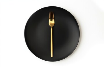Elegant black matte plate golden fork Minimalist modern dining setup on transparent background