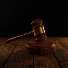 Symbol of Justice: A wooden gavel rests on its block, embodying the solemnity and authority of the legal system, signifying fairness and the pursuit of truth.
