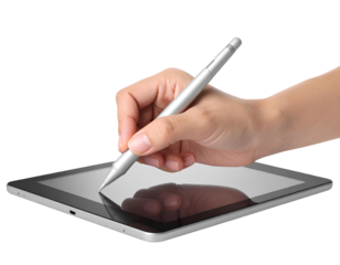 Close-Up Hand and Stylus on Tablet Screen, Transparent PNG.