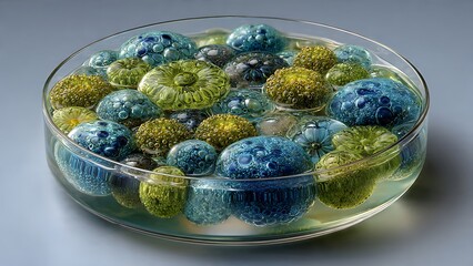 Abstract glass spheres submerged in water, creating a stunning visual display of color and texture, perfect for design and science concepts
