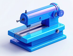 A glossy blue sewing machine sits on a white surface