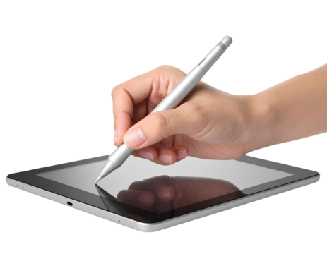 Close-Up Hand and Stylus on Tablet Screen, Transparent PNG. - Powered by Adobe