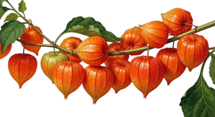 Branch of bright orange Chinese lanterns with green leaves on black background Chinese lantern plant