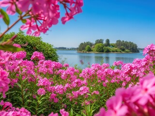Vibrant pink flowers in garden by serene lake with trees and blue sky on a sunny day