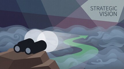 Naklejka premium Strategic vision for business success with binoculars on cliff