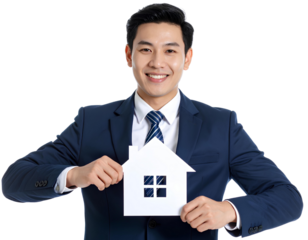 Asian Businessman in Suit Holding Paper House Confidently, Front View, Transparent PNG.