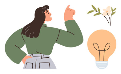 Woman pointing upward with confident posture, light bulb symbolizing ideas, flowering branch showing growth. Ideal for innovation, confidence, creativity, growth, inspiration, motivation simplicity