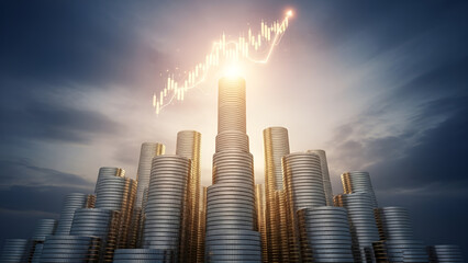 Dynamic stock market growth chart overlaying a rainy window with a stack of coins, symbolizing economic prosperity and investment success in changing times