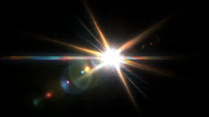 Bright Lens Flare Effect with Rainbow Streaks and Light Rays on Black Background