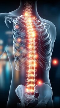 Digital Illustration of Human Skeletal Structure Glowing Effects on Spine, Ribcage, and Vertebrae in Futuristic Medical Theme with Blurred Cityscape Background