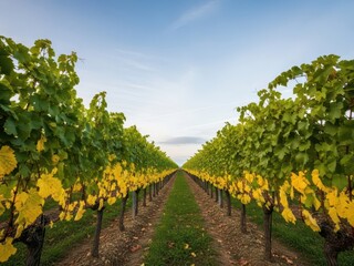 Fototapeta premium Rows of lush green grapevines with yellow leaves in a vineyard during daytime