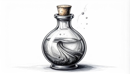 A grayscale potion bottle with a cork stopper, stylized water inside