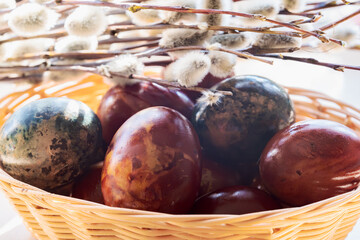 Wicker basket with shiny traditional Easter eggs and pussy willow branches