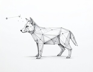 Geometric wolf illustration with connected dots, constellation-like above