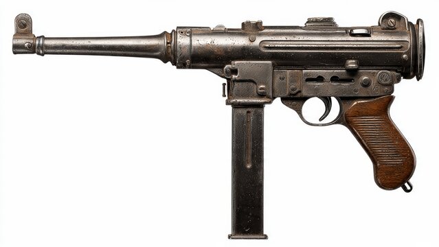 Vintage German MP 40 submachine gun, a classic World War II firearm with a distinctive wooden pistol grip and metal construction, isolated on a white background.