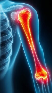 X Ray VDO of Human Upper Arm Highlighting Humerus Bone in Red Indicating Inflammation or Injury with Detailed Skeletal Structure View