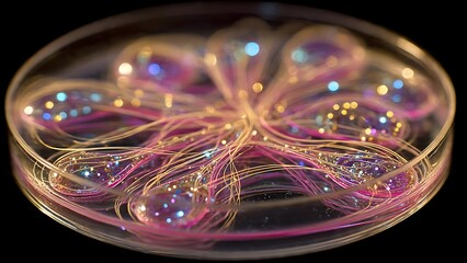 Abstract scientific concept with glowing particles and delicate strands inside a glass container, ideal for research and innovation