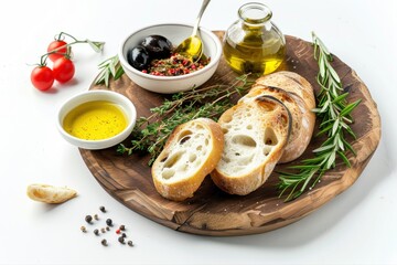 Vibrant Mediterranean appetizer fresh crusty baguette olive oil olives on transparent background