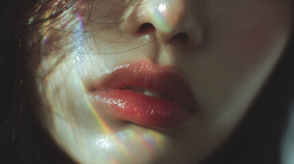 A close-up of a human eye surrounded by dark hair, capturing intricate details of the iris and lashes. The soft lighting highlights the textures, adding depth to the gaze and creating an intimate
