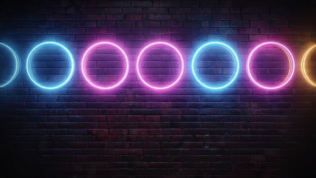 Vibrant Neon Circles Glow on a Dark Brick Wall Background, Abstract Geometric Lighting Display - Powered by Adobe