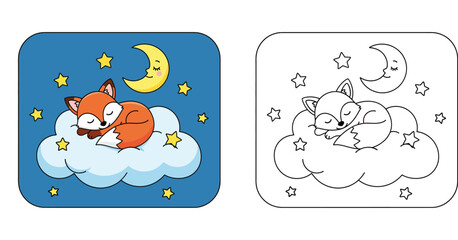 Fototapeta premium Cute cartoon fox sleeping on a cloud with moon and stars, colored and outline coloring book vector illustration