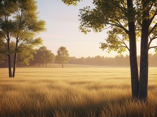 Fototapeta premium Golden field with trees at sunset or sunrise in rural landscape