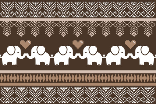 Elegant elephant ethnic pattern inspired by Asian traditional textiles, decorative geometric borders in brown tones, seamless vector design suitable for fabric, wallpaper, background, and print applic