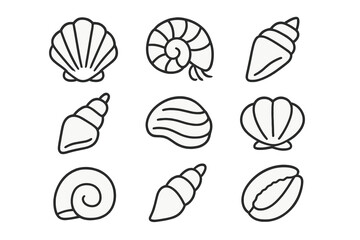Fototapeta premium Collection of nine minimalist shell icons on a grey background