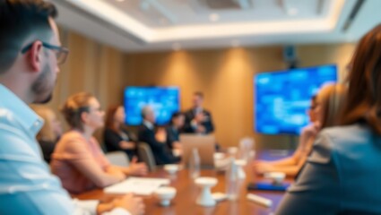 Generative AI depicting a professional conference with engaging multimedia displays and attentive