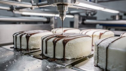 Medium shot capturing frozen cakes moving under a precise chocolate drizzle nozzle creating artistic stripes on the surface in a hightech confectionery plant.